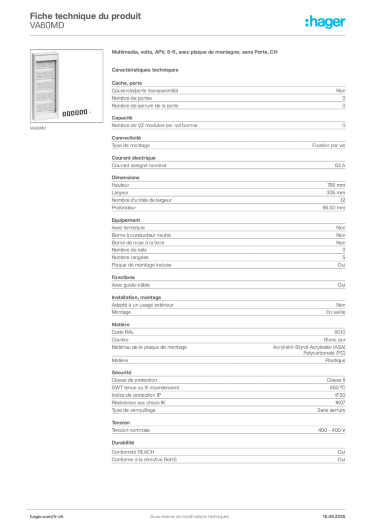 Image Hager Fiche technique du produit VA60MD | Hager Suisse