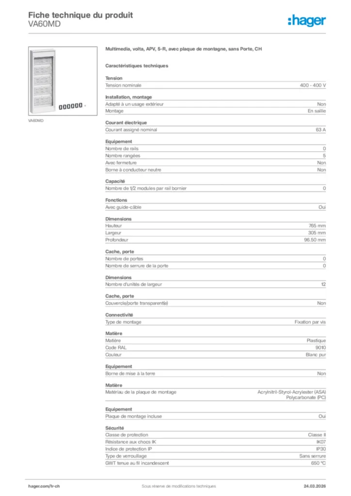 Image Hager Fiche technique du produit VA60MD | Hager Suisse