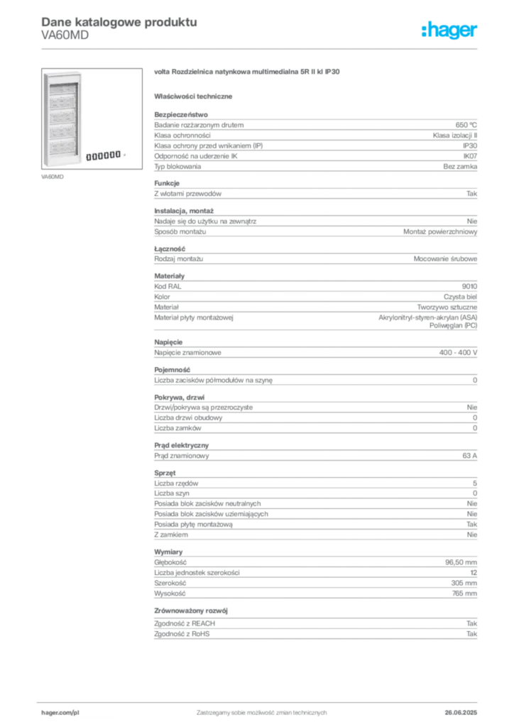 Zdjęcie Hager Dane katalogowe produktu VA60MD | Hager Polska