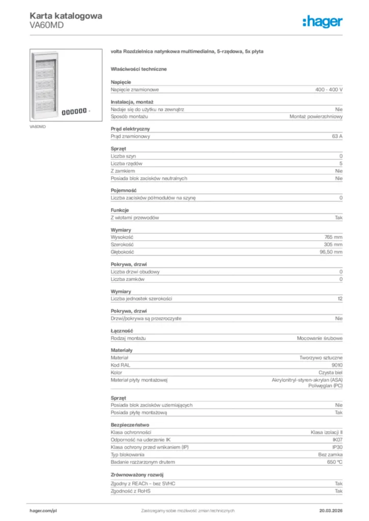 Zdjęcie Hager Karta katalogowa VA60MD | Hager Polska