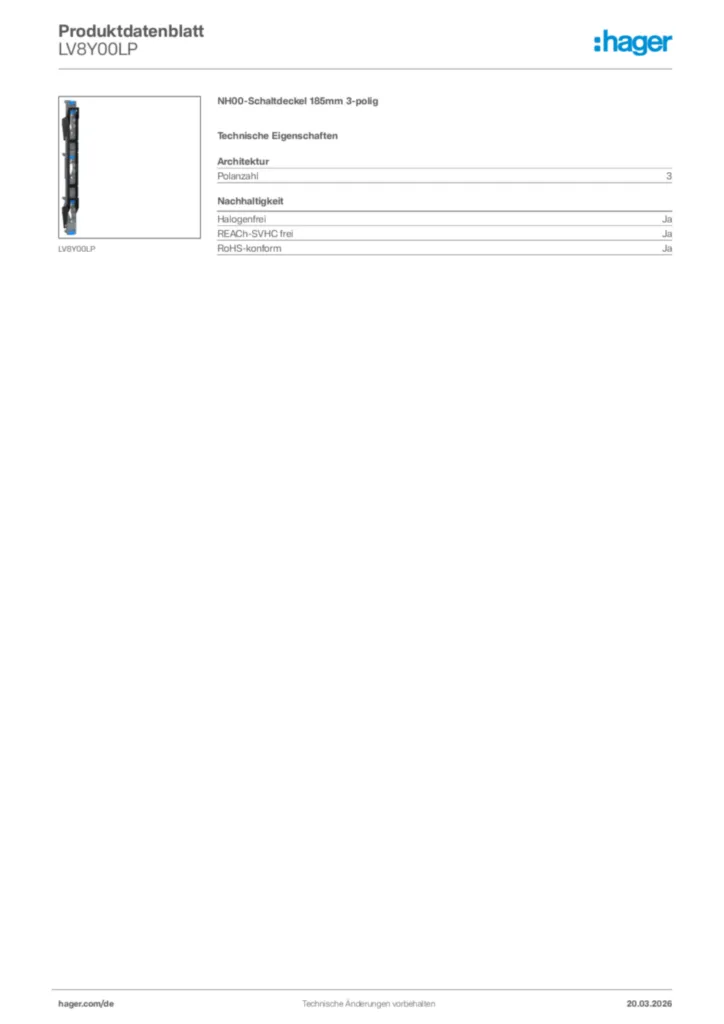 Bild Hager Produktdatenblatt LV8Y00LP | Hager Deutschland