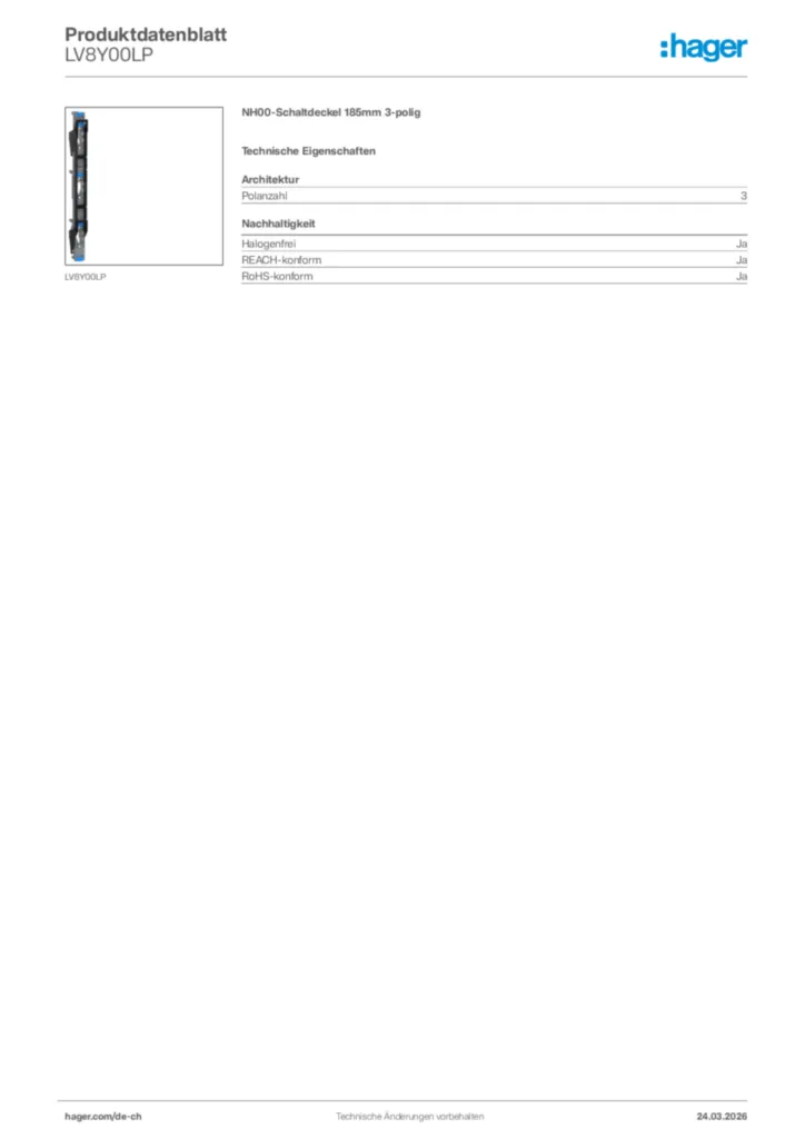 Bild Hager Produktdatenblatt LV8Y00LP | Hager Schweiz