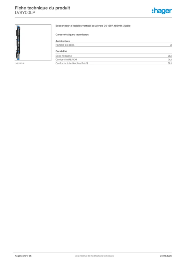Image Hager Fiche technique du produit LV8Y00LP | Hager Suisse