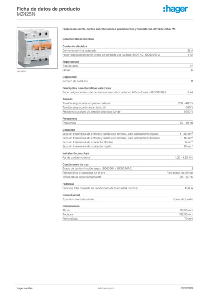 Imagen Hager Ficha de datos de producto MZ425N | Hager España