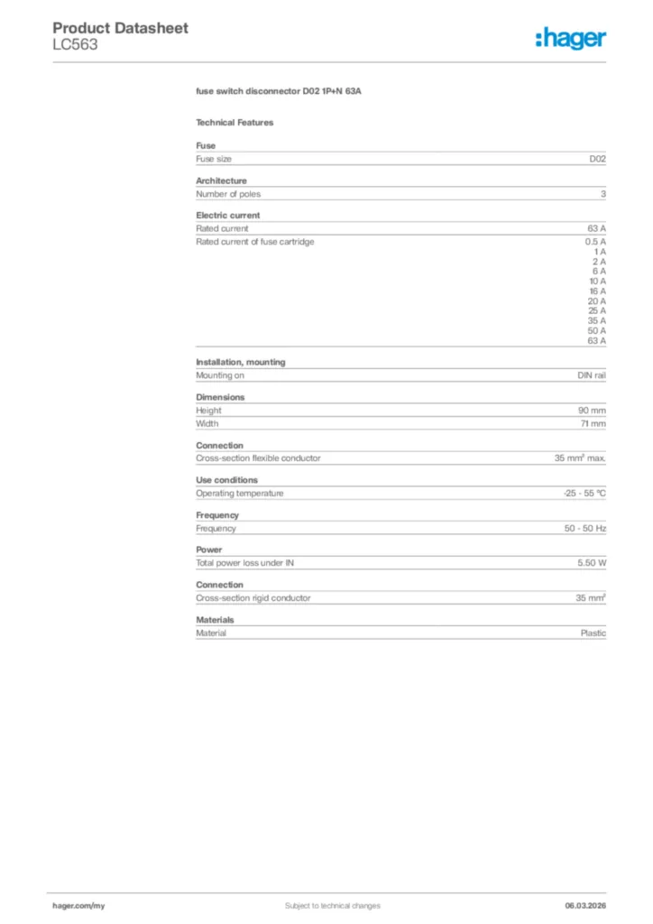Image Hager Product data sheet LC563  | Hager