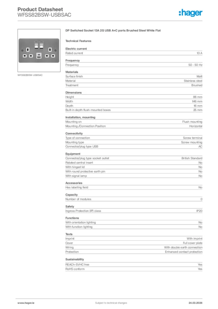 Image Hager Product data sheet WFSS82BSW-USBSAC  | Hager