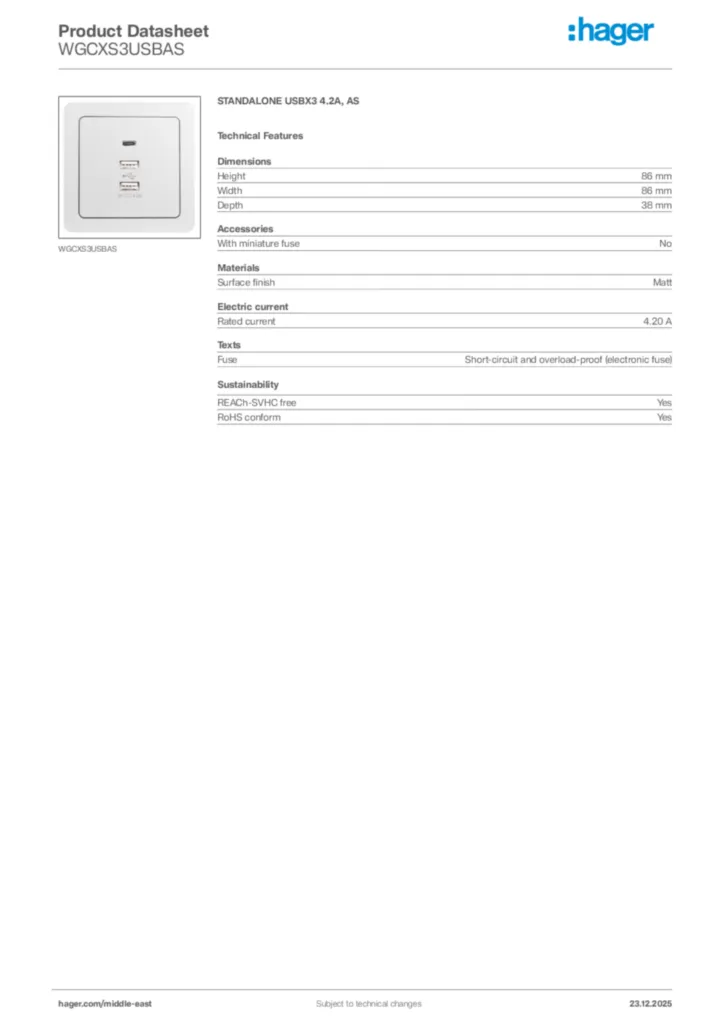 Image Hager Product data sheet WGCXS3USBAS  | Hager