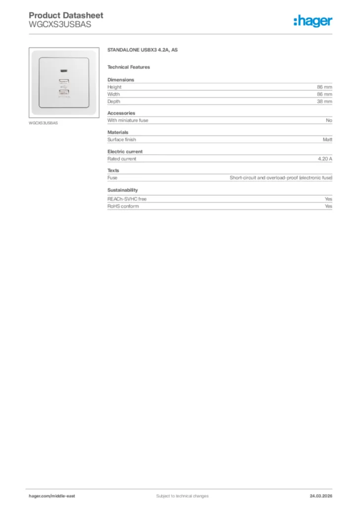 Image Hager Product data sheet WGCXS3USBAS  | Hager