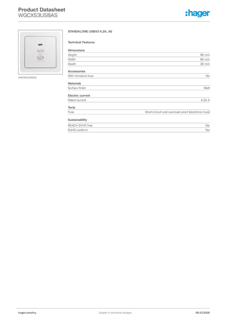 Image Hager Product data sheet WGCXS3USBAS  | Hager