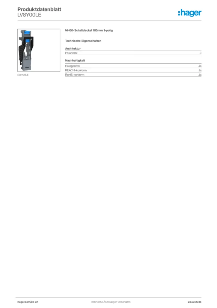 Bild Hager Produktdatenblatt LV8Y00LE | Hager Schweiz