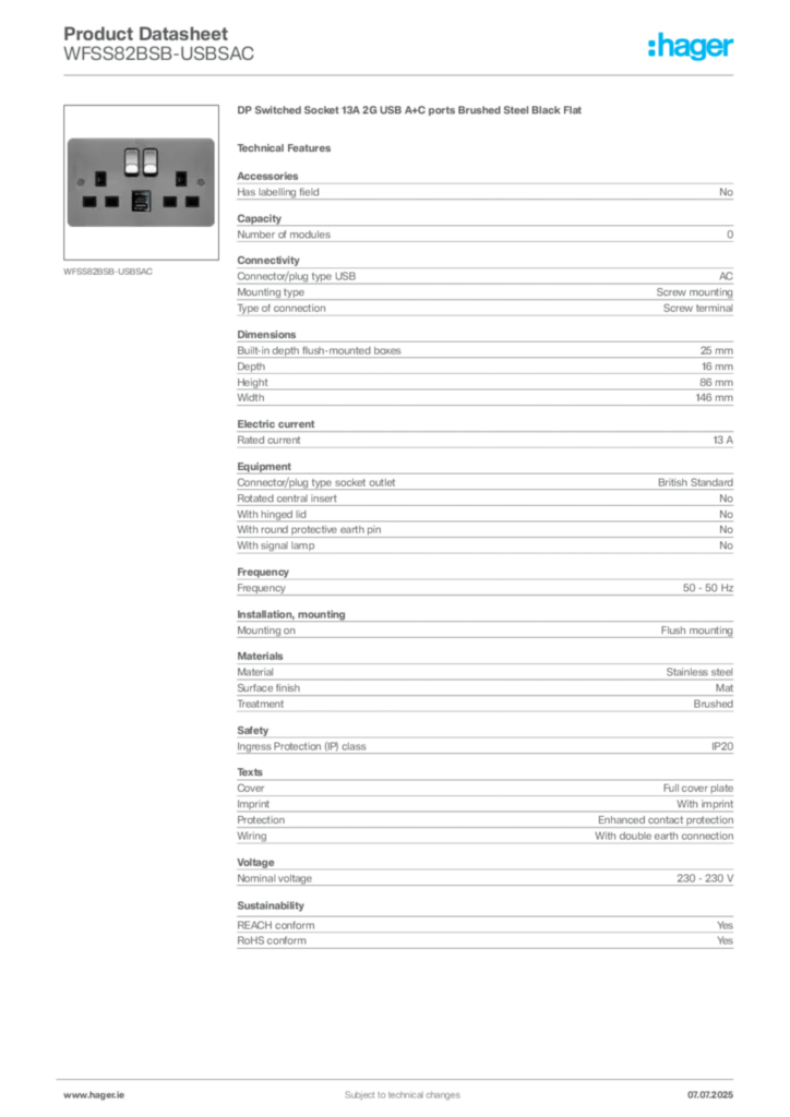 Image Hager Product data sheet WFSS82BSB-USBSAC  | Hager