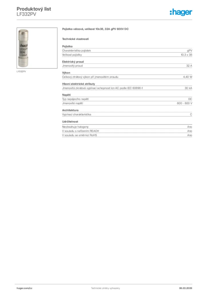 Obrázek Hager Product data sheet LF332PV | Hager