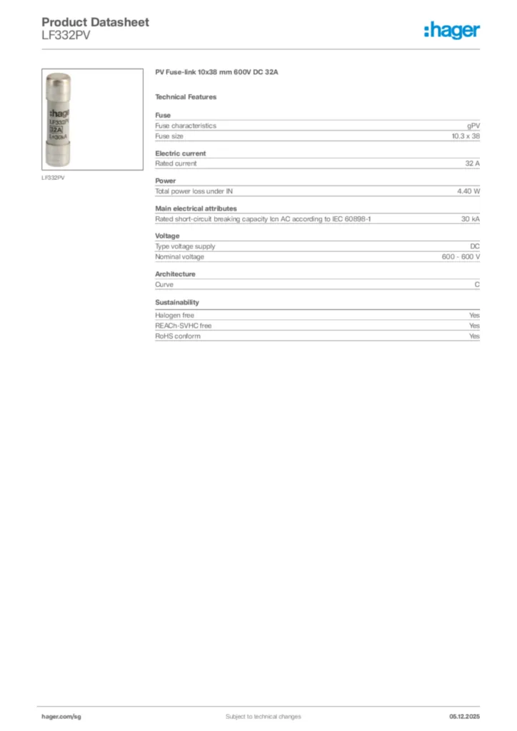 Image Hager Product data sheet LF332PV  | Hager