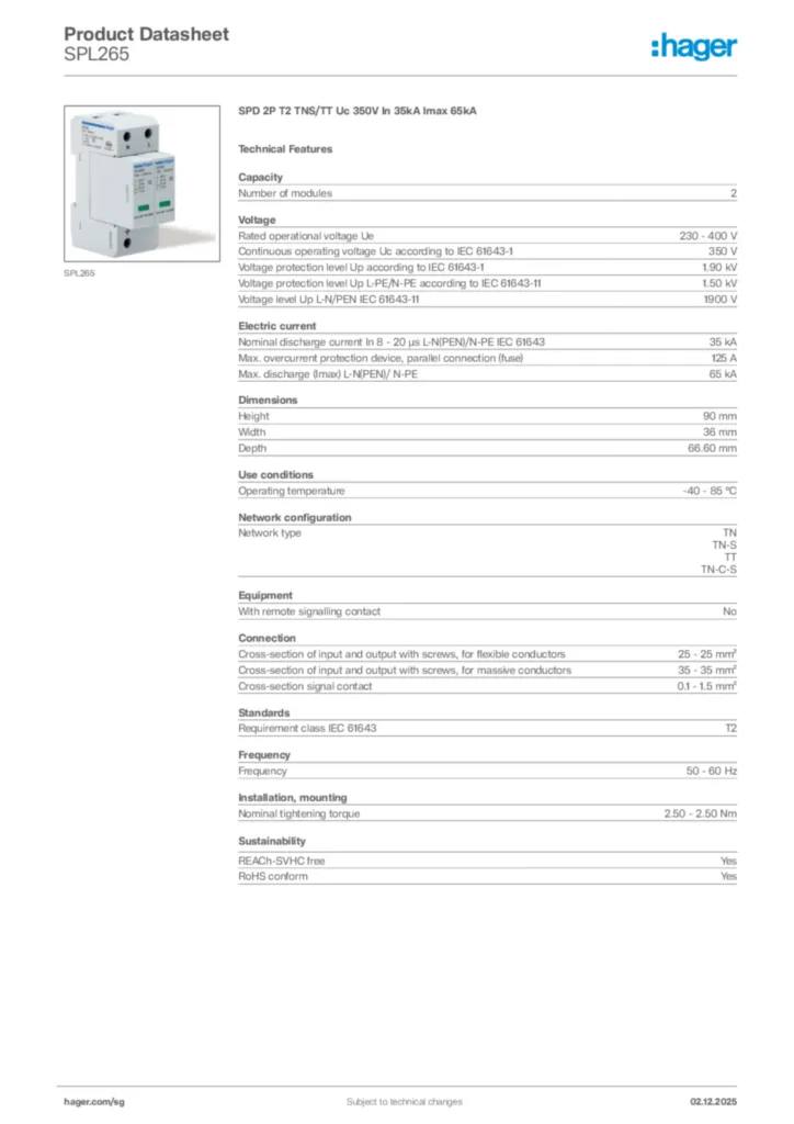 Image Hager Product data sheet SPL265  | Hager