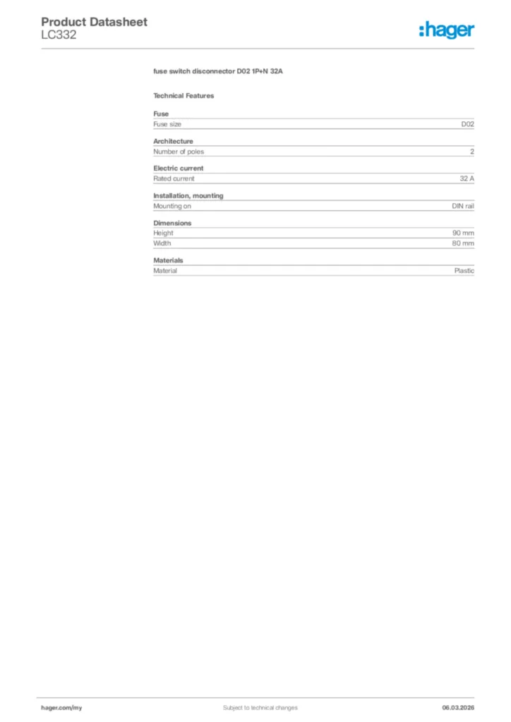 Image Hager Product data sheet LC332  | Hager