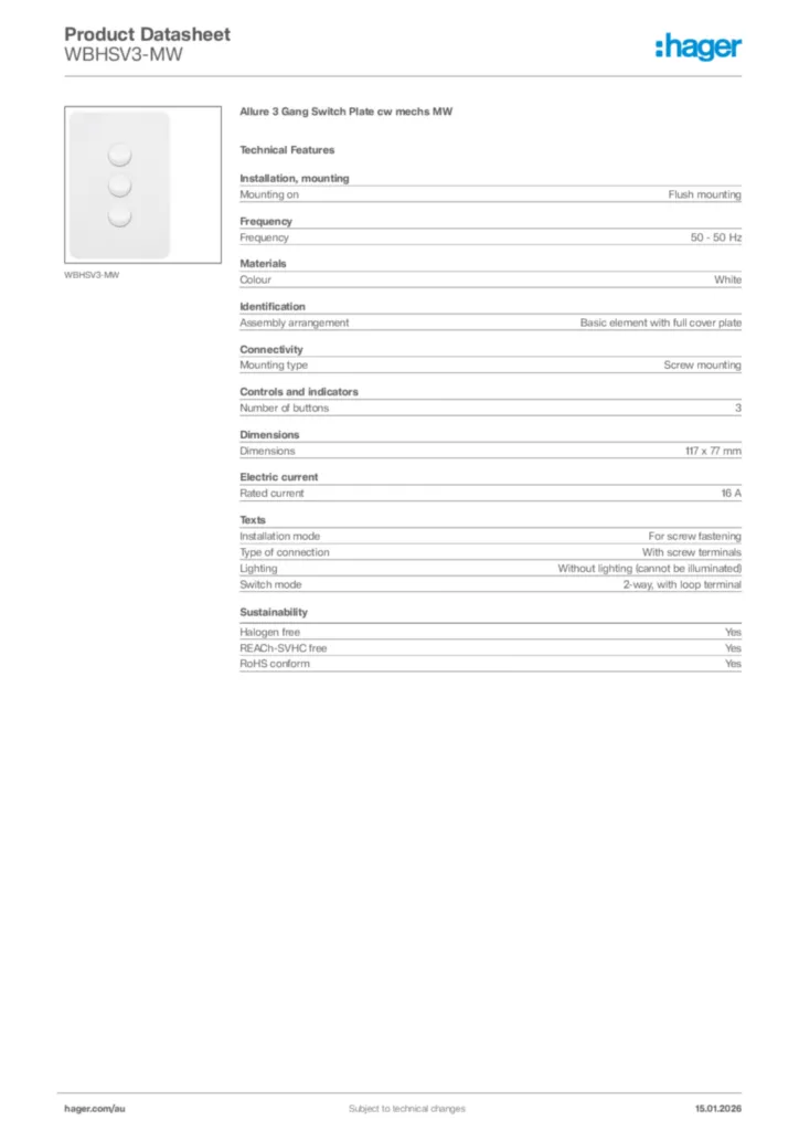 Image Hager Product data sheet WBHSV3-MW  | Hager Australia