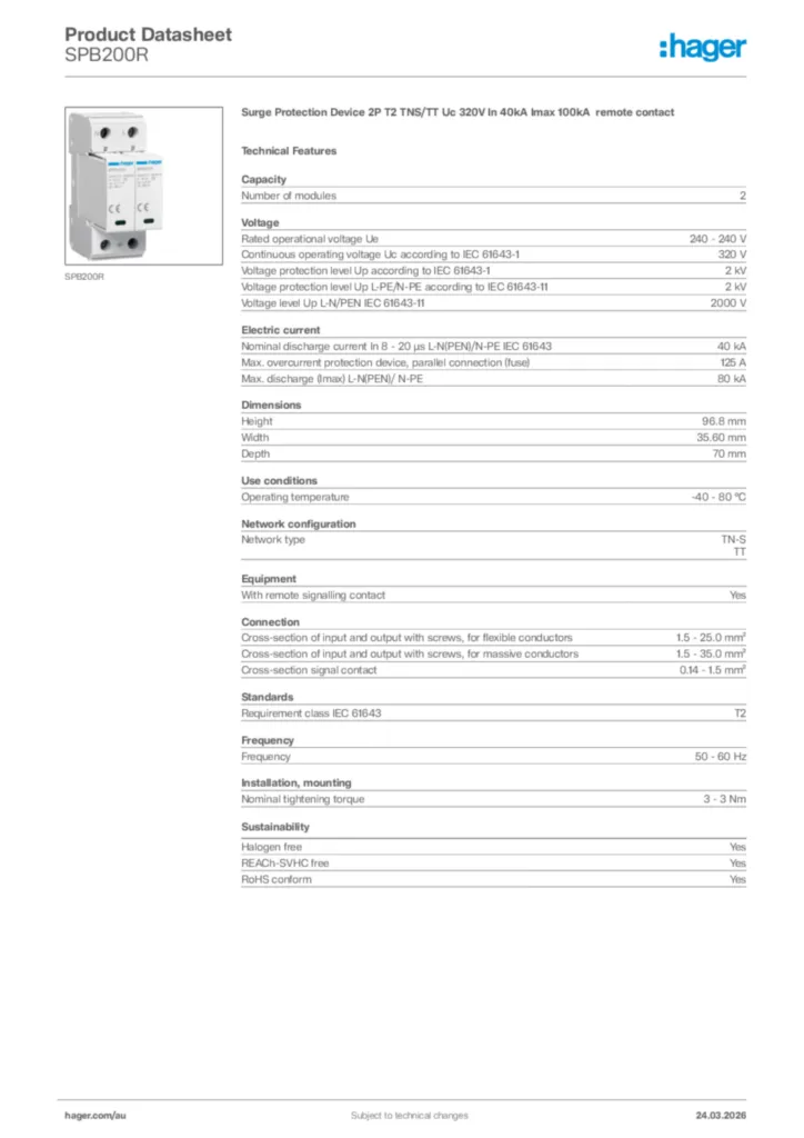 Image Hager Product data sheet SPB200R  | Hager Australia