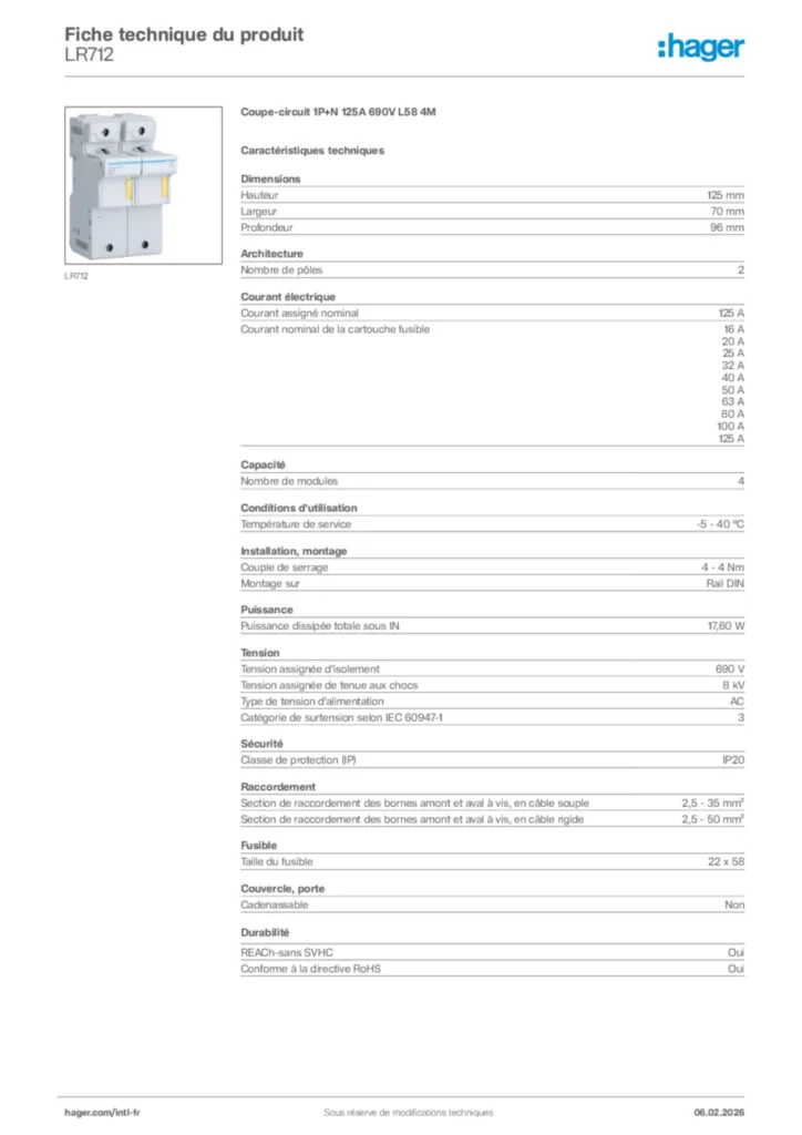 Image Hager Fiche technique du produit LR712 | Hager Afrique
