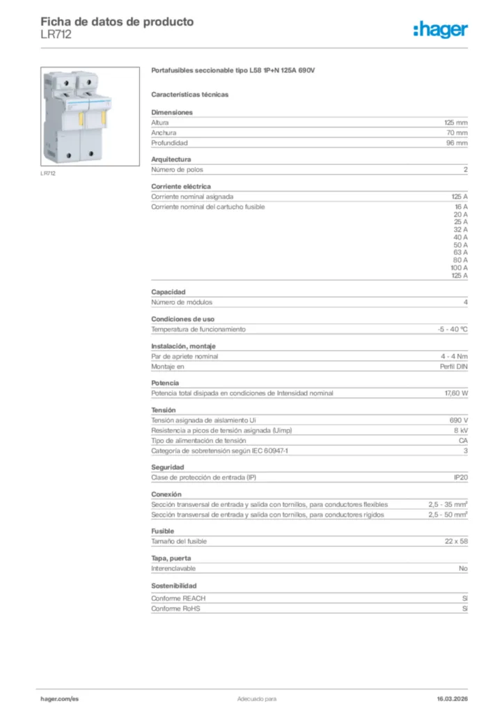 Imagen Hager Ficha de datos de producto LR712 | Hager España