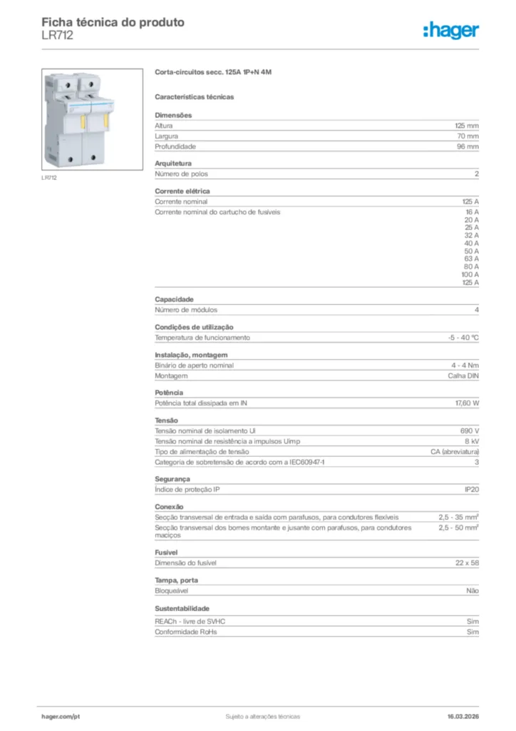Imagem Hager Ficha técnica do produto LR712 | Hager Portugal