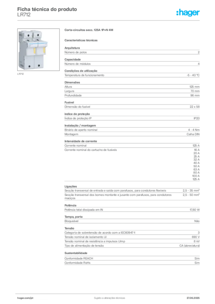 Imagem Hager Ficha técnica do produto LR712 | Hager Portugal