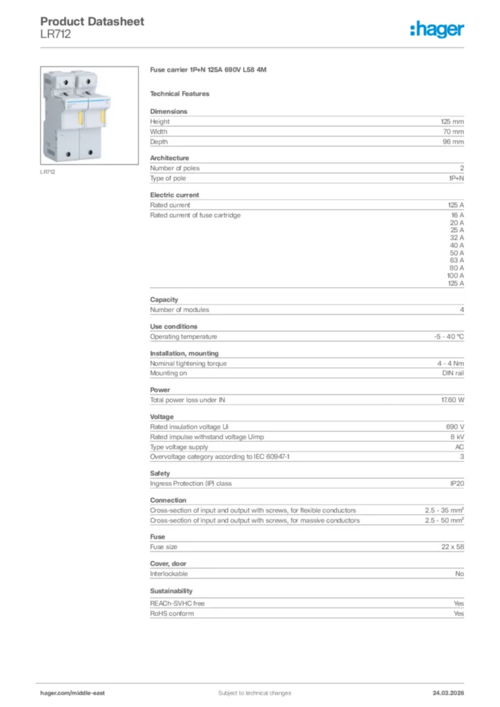 Image Hager Product data sheet LR712  | Hager