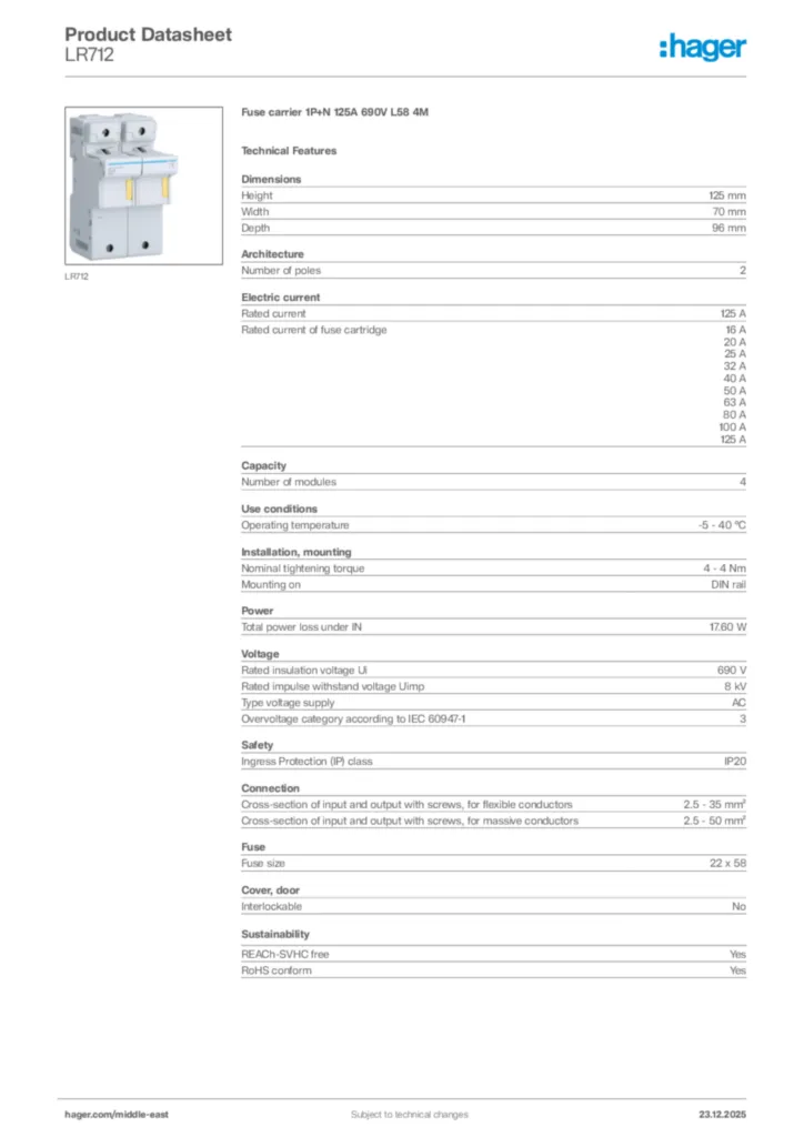 Image Hager Product data sheet LR712  | Hager