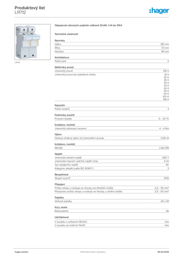 Obrázek Hager Product data sheet LR712 | Hager