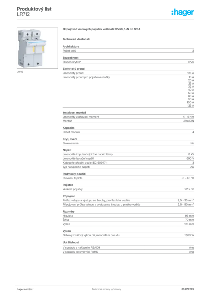 Obrázek Hager Product data sheet LR712 | Hager