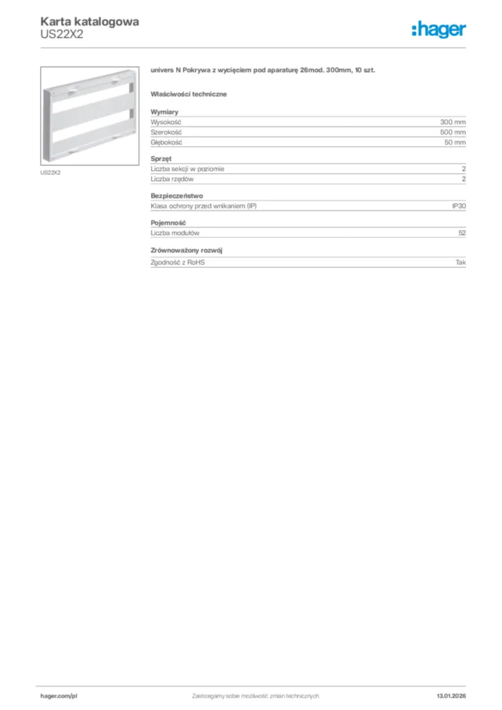 Zdjęcie Hager Karta katalogowa US22X2 | Hager Polska