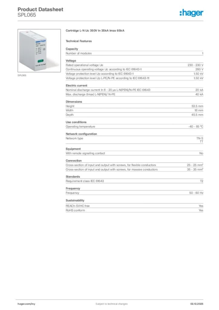 Image Hager Product data sheet SPL065  | Hager
