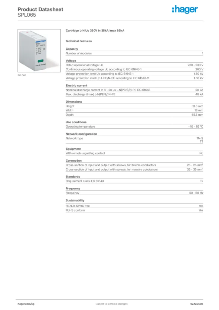 Image Hager Product data sheet SPL065  | Hager