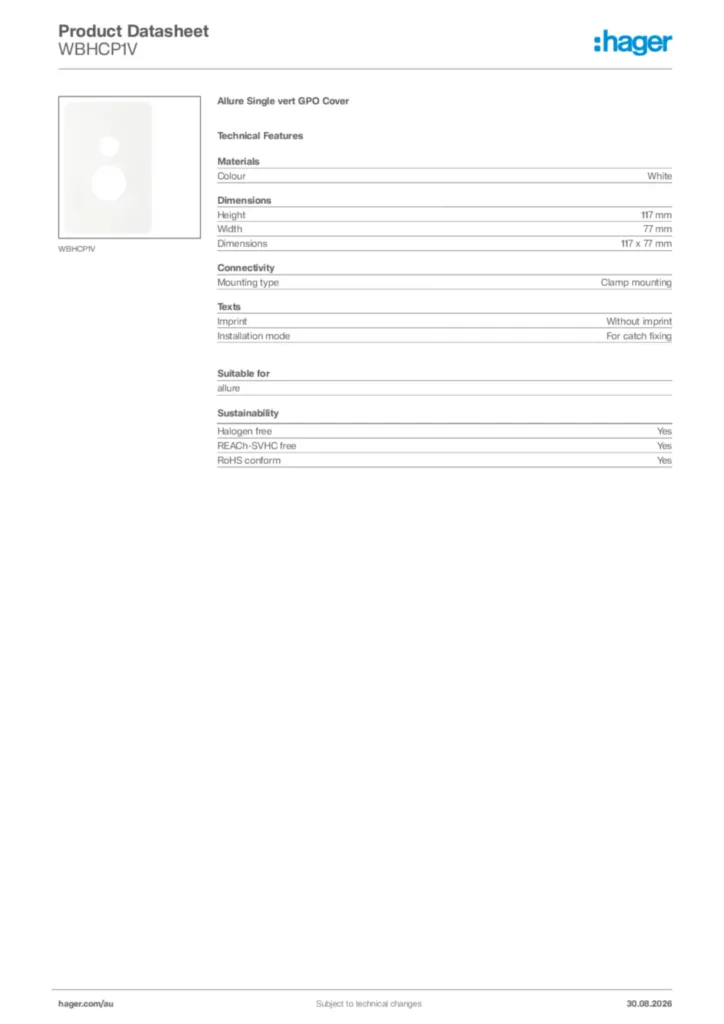 Image Hager Product data sheet WBHCP1V  | Hager Australia