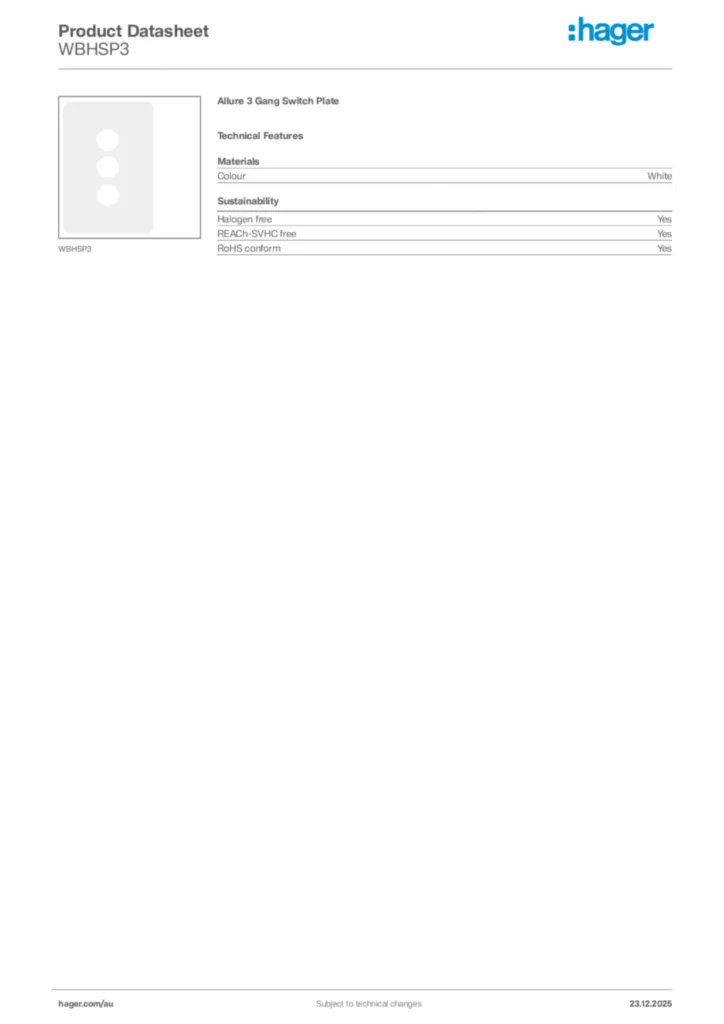 Image Hager Product data sheet WBHSP3  | Hager Australia