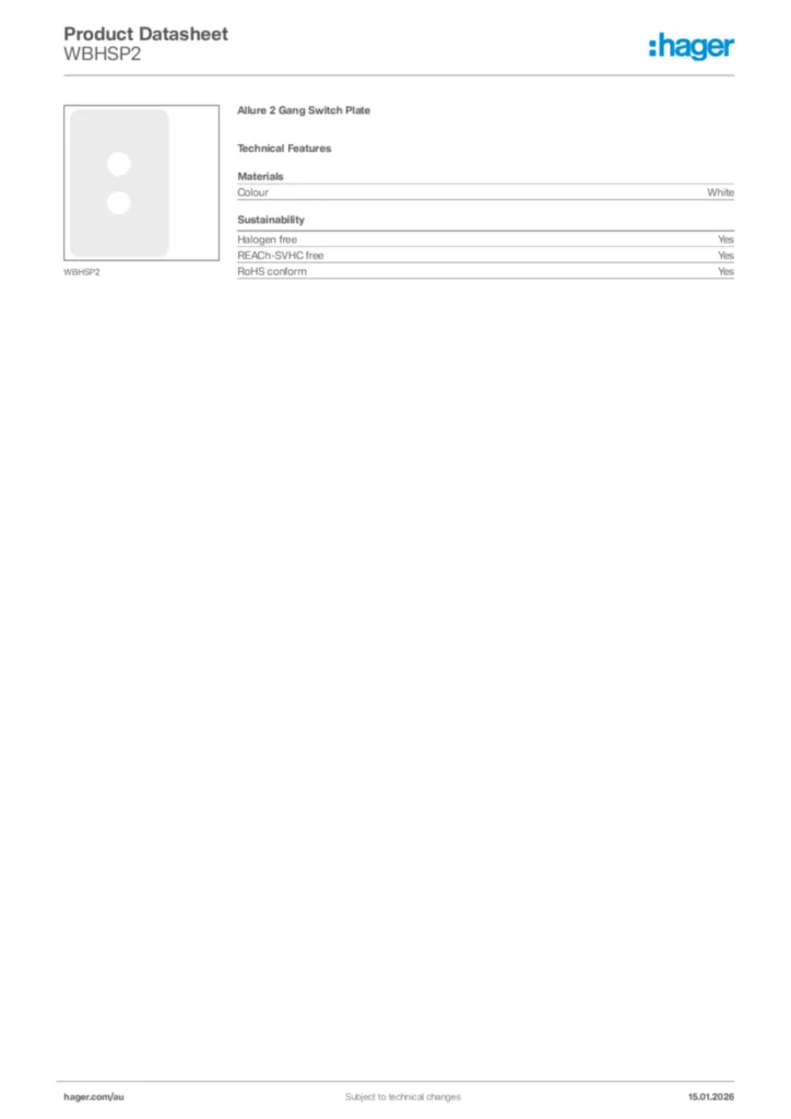 Image Hager Product data sheet WBHSP2  | Hager Australia