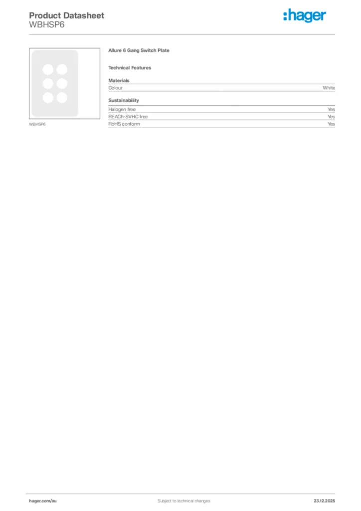 Image Hager Product data sheet WBHSP6  | Hager Australia