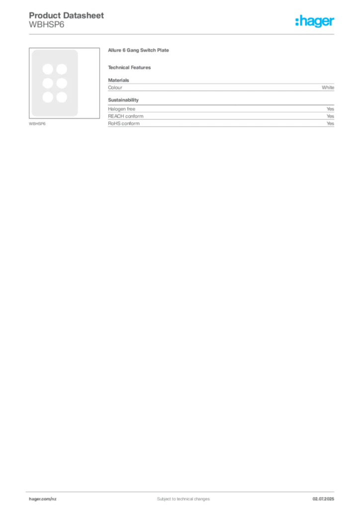 Image Hager Product data sheet WBHSP6  | Hager New Zealand