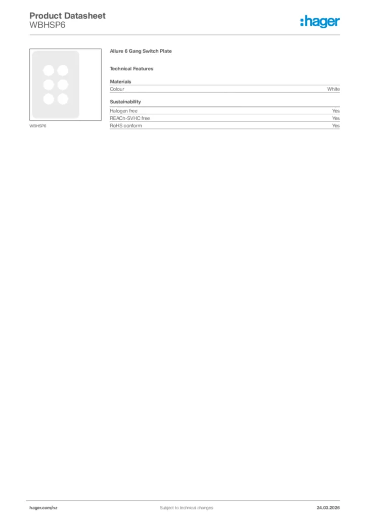 Image Hager Product data sheet WBHSP6  | Hager New Zealand
