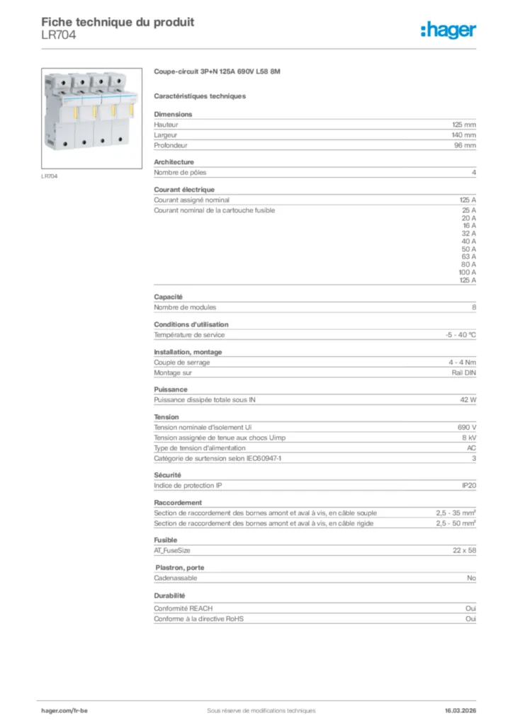 Image Hager Fiche technique du produit LR704 | Hager Belgique