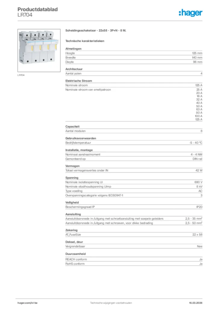 Afbeelding Hager Productdatablad LR704 | Hager Belgium