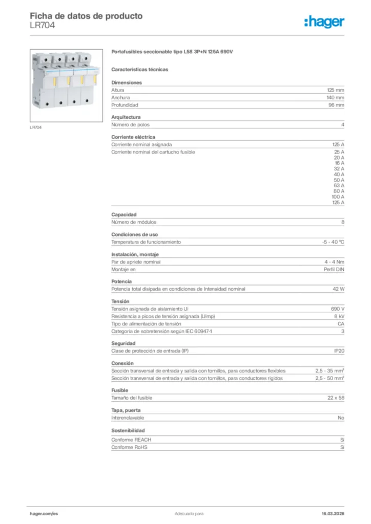 Imagen Hager Ficha de datos de producto LR704 | Hager España