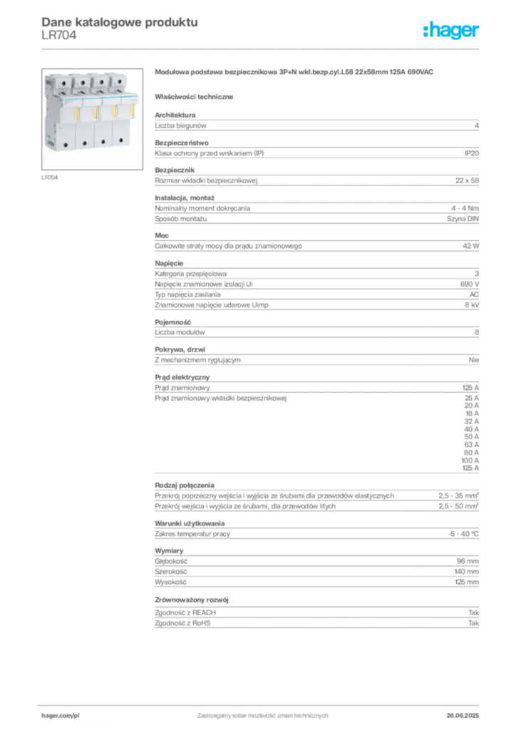 Zdjęcie Hager Dane katalogowe produktu LR704 | Hager Polska