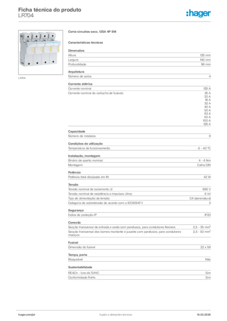 Imagem Hager Ficha técnica do produto LR704 | Hager Portugal