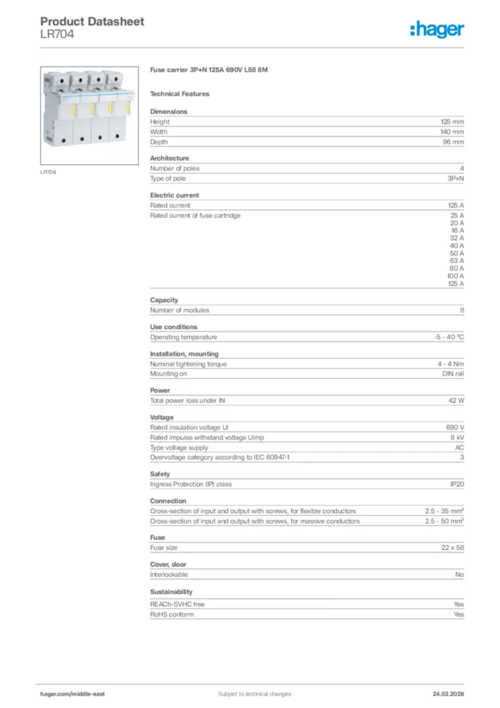 Image Hager Product data sheet LR704  | Hager
