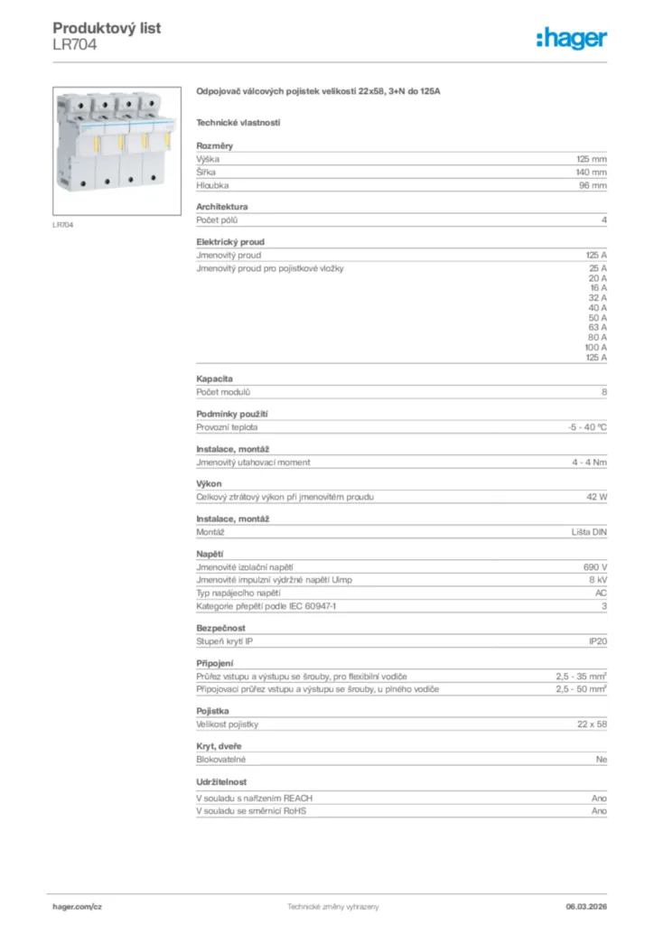 Obrázek Hager Product data sheet LR704 | Hager