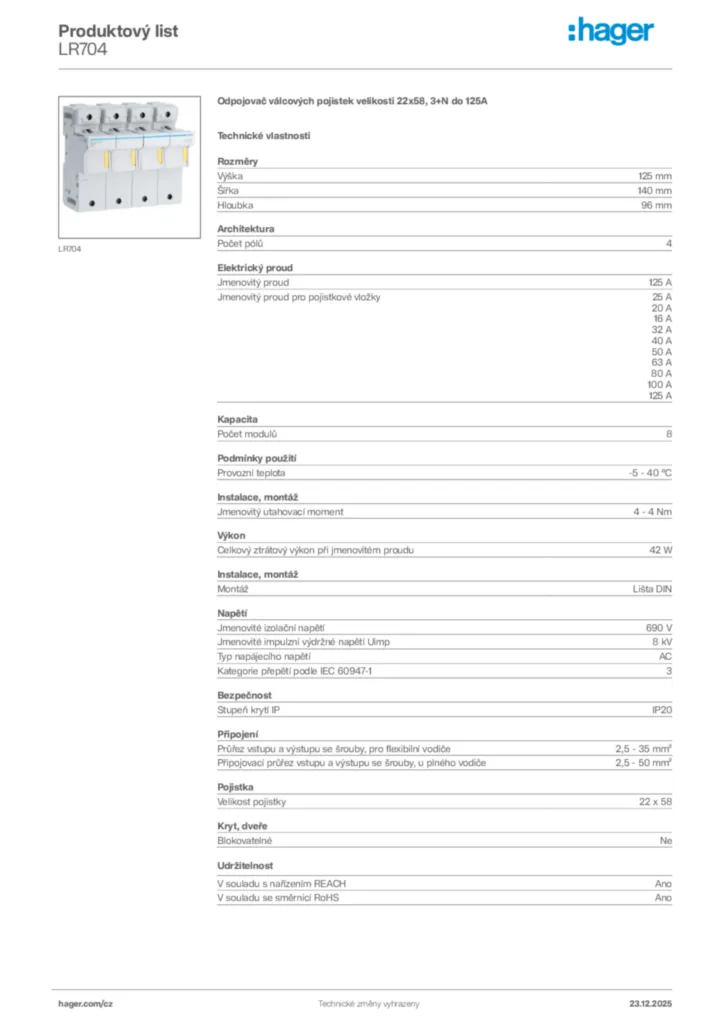 Obrázek Hager Product data sheet LR704 | Hager