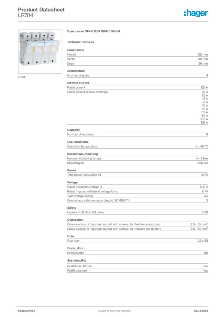 Image Hager Product data sheet LR704  | Hager