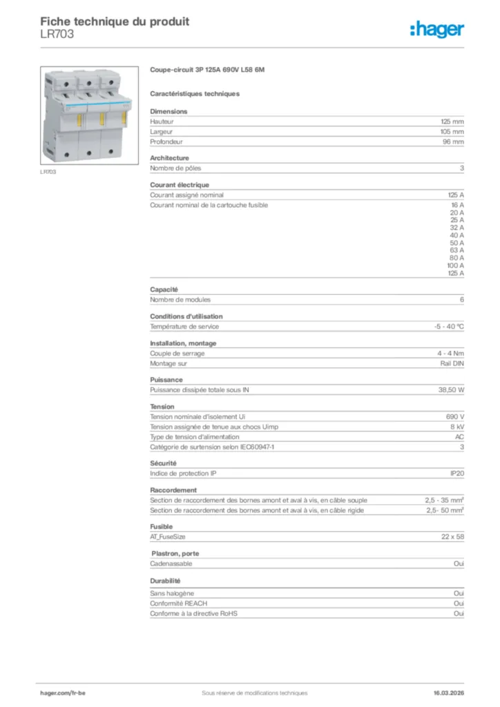 Image Hager Fiche technique du produit LR703 | Hager Belgique