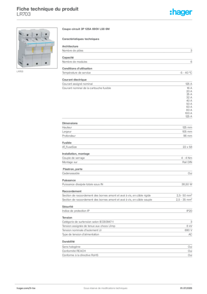Image Hager Fiche technique du produit LR703 | Hager Belgique