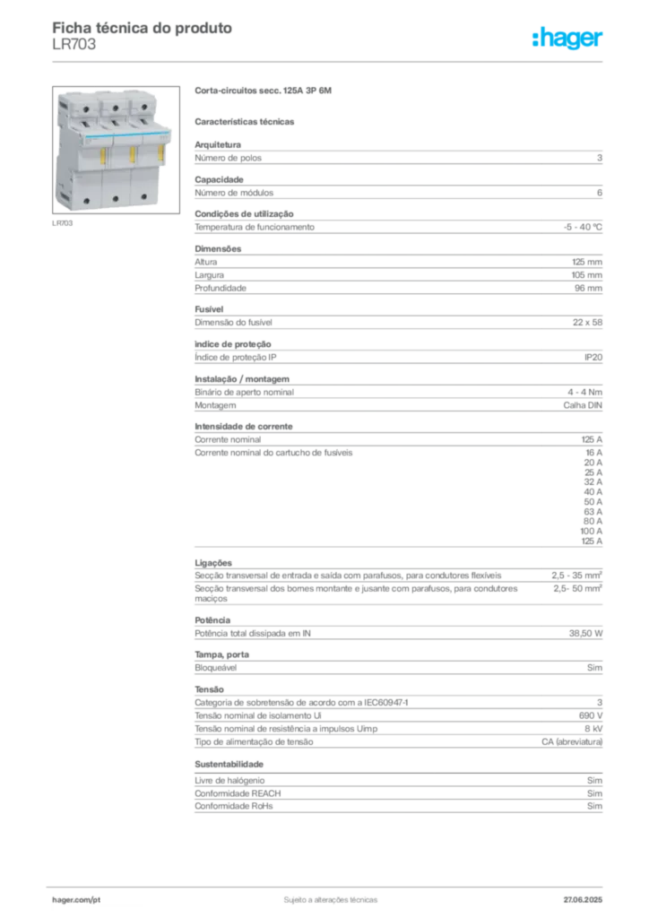 Imagem Hager Ficha técnica do produto LR703 | Hager Portugal